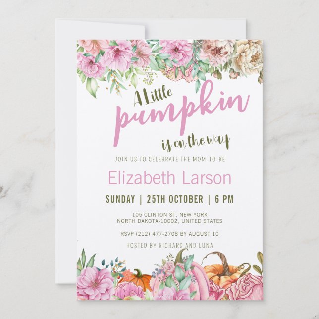 Invitación Floral otoñal un poco de calabaza Baby Shower (Anverso)