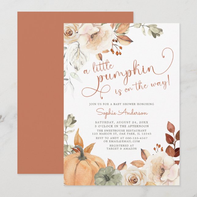 Invitación Floral otoñal un poco de calabaza caída Baby Showe (Anverso / Reverso)