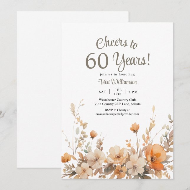 Invitación Floral otoño 60º cumpleaños saludos a 60 años (Anverso / Reverso)