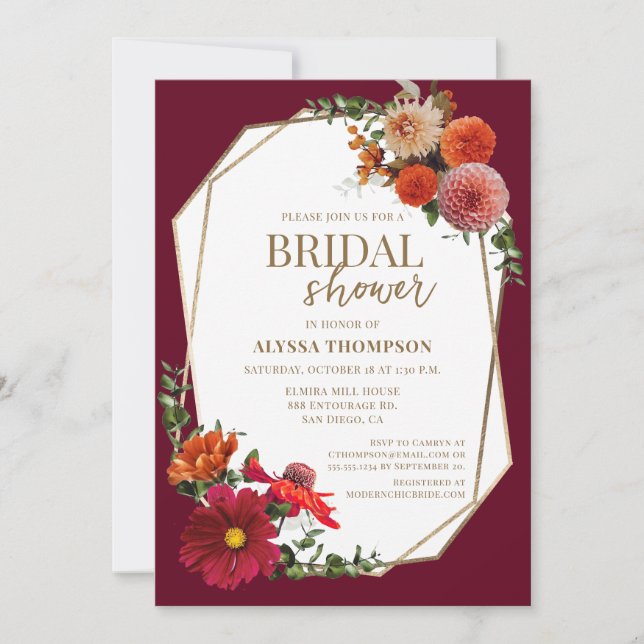Invitación Floral otoño borgoñona de oro rojo (Anverso)
