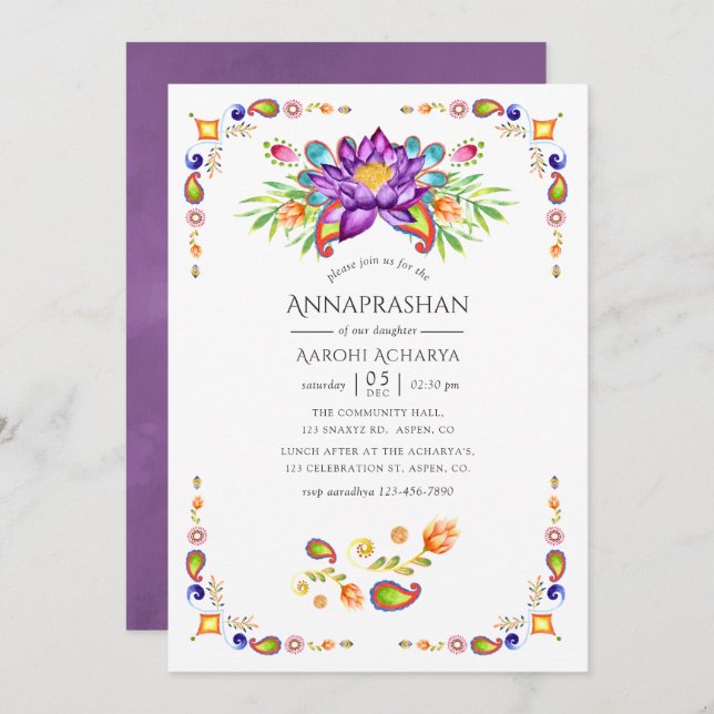 Invitación Floral Paisley Annaprashan Primera Ceremonia de Ar (Anverso / Reverso)