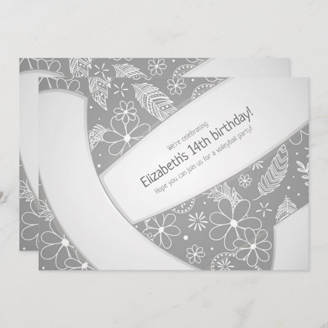 Invitación Floral paisley plumas doodles voleibol gris (Anverso / Reverso)
