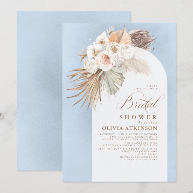 Invitación Floral Pampas Grass Boho Dusty Blue Bridal Shower (Anverso / Reverso)