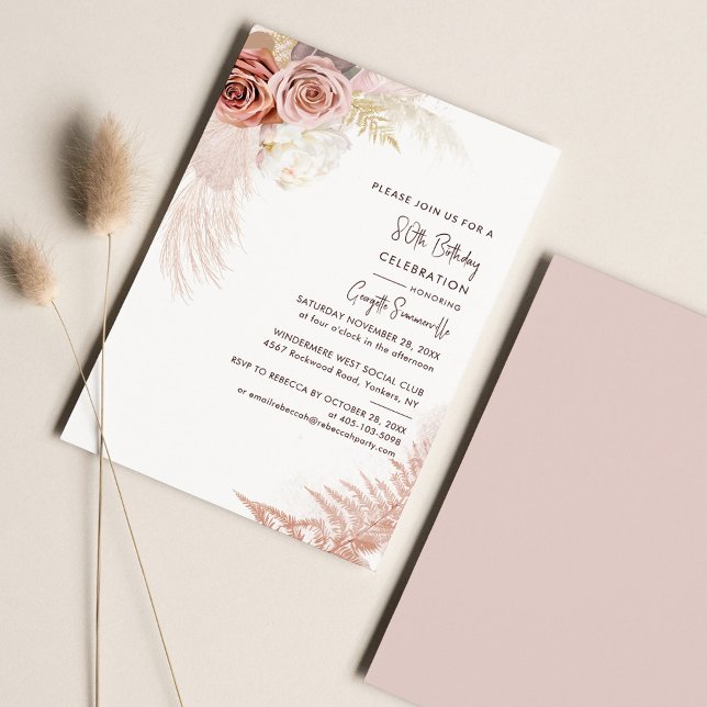 Invitación Floral Pampas Grass Terracotta 80º cumpleaños (80th Birthday Party Pampas Grass Invitation)