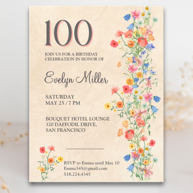 Invitación floral para 100 cumpleaños - Flores sil (Subido por el creador)