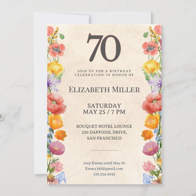 Invitación floral para 70 cumpleaños – Diseño de j (Anverso)