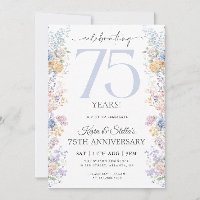 Invitación floral para 75º aniversario con foto (Anverso)