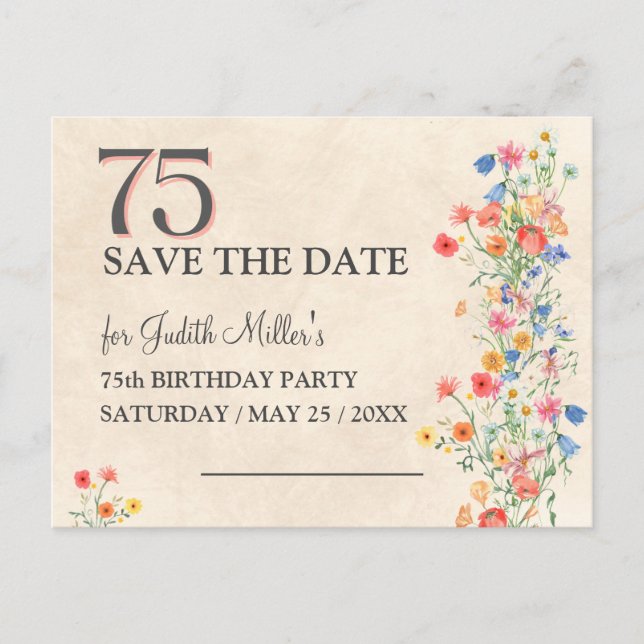 Invitación floral para 75 cumpleaños - Elegante av (Anverso)