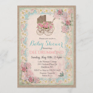 Invitación floral para baby shower con carruaje vi