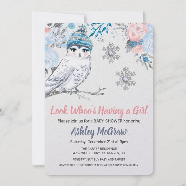 Invitación floral para baby shower de búho (Anverso)