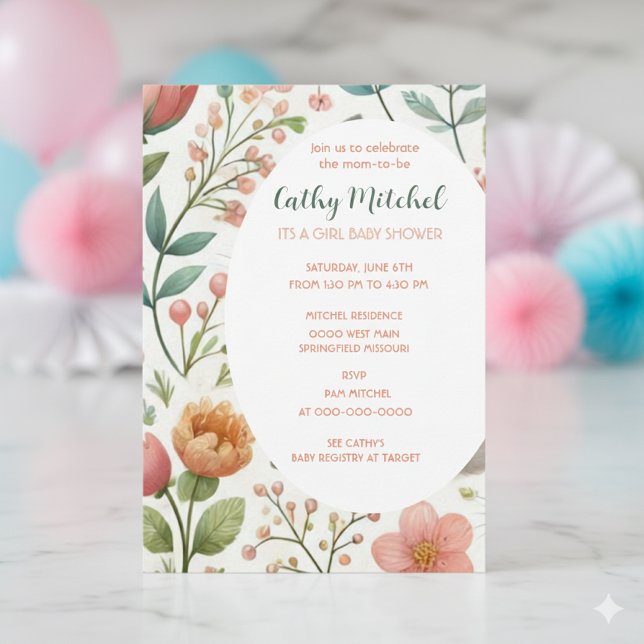 Invitación floral para baby shower de niña (Subido por el creador)