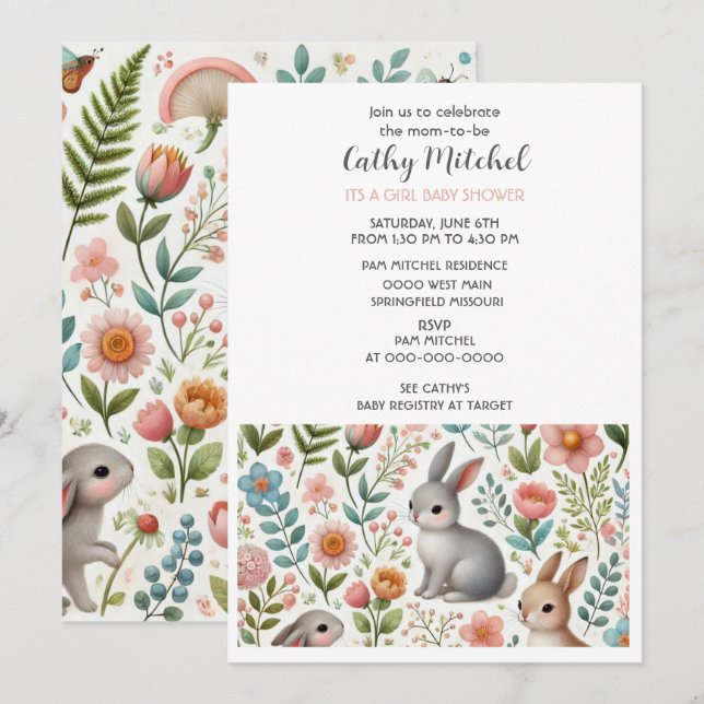Invitación floral para baby shower de niña (Anverso / Reverso)