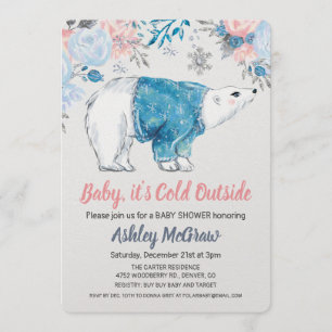 Invitación floral para baby shower de oso polar