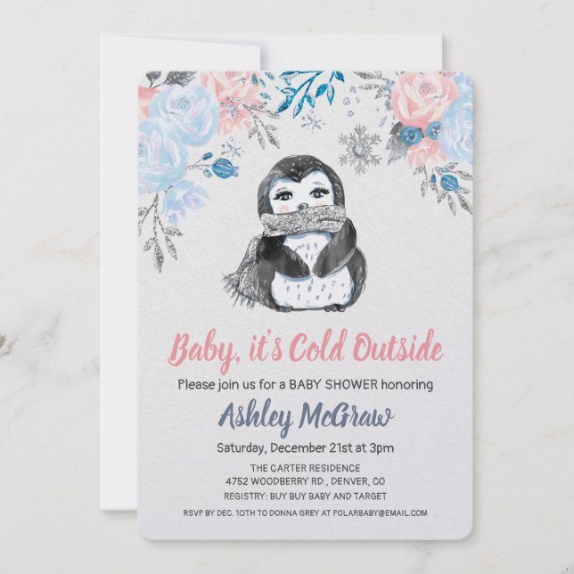 Invitación floral para baby shower de pingüino (Anverso)