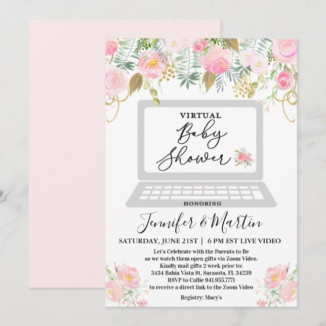 Invitación floral para baby shower virtual (Anverso / Reverso)