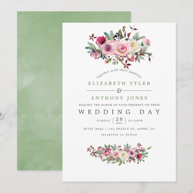 Invitación floral para boda de invierno (Anverso / Reverso)