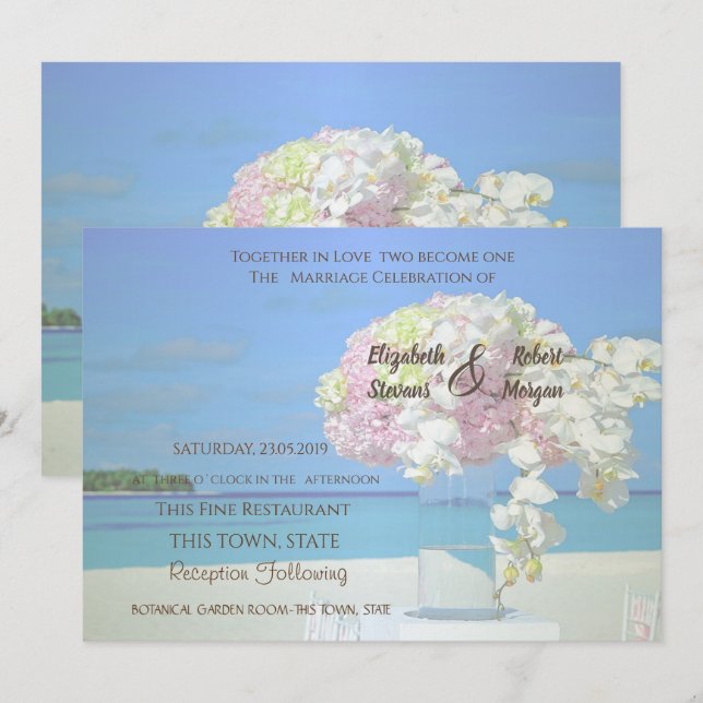 Invitación Floral para Boda en la Playa (Anverso / Reverso)