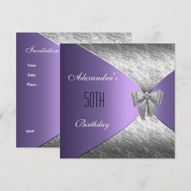 Invitación floral para cumpleaños 50 en púrpura pl (Anverso / Reverso)