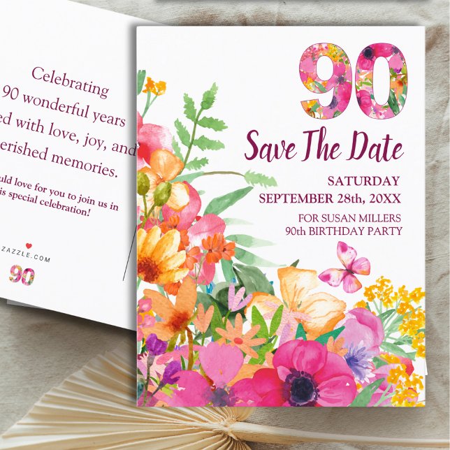 Invitación floral para cumpleaños 90, elegante 90 (Subido por el creador)
