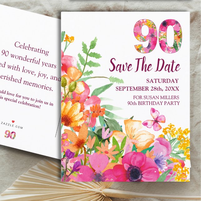 Invitación floral para cumpleaños 90 Save The Date (Subido por el creador)