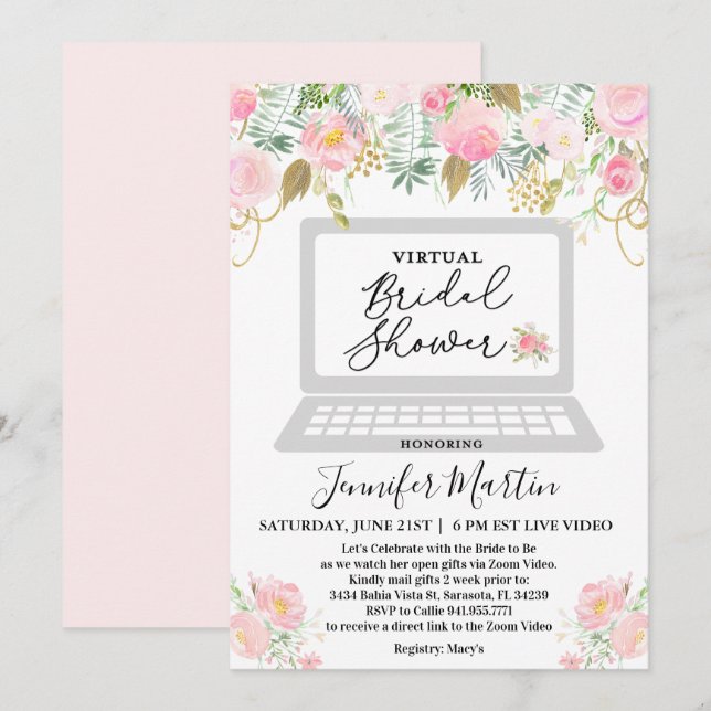 Invitación floral para ducha de novia virtual (Anverso / Reverso)