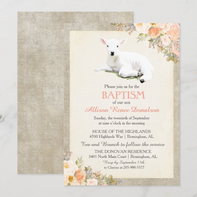 Invitación floral para el bautizo de corderito (Anverso / Reverso)