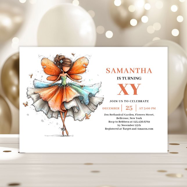 Invitación floral para el quinto cumpleaños de la  (Cute Fairy Girl 5th Birthday Floral invitation)