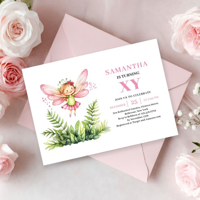 Invitación floral para el quinto cumpleaños de la  (Cute Pink Fairy Girl 5th Birthday Floral invitation)