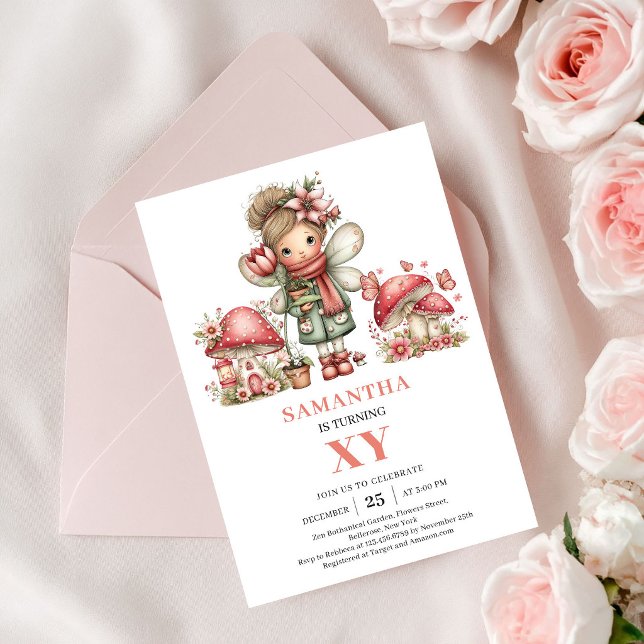 Invitación floral para el segundo cumpleaños de la (Pink Cute Fairy 2nd Birthday Floral Invitation)