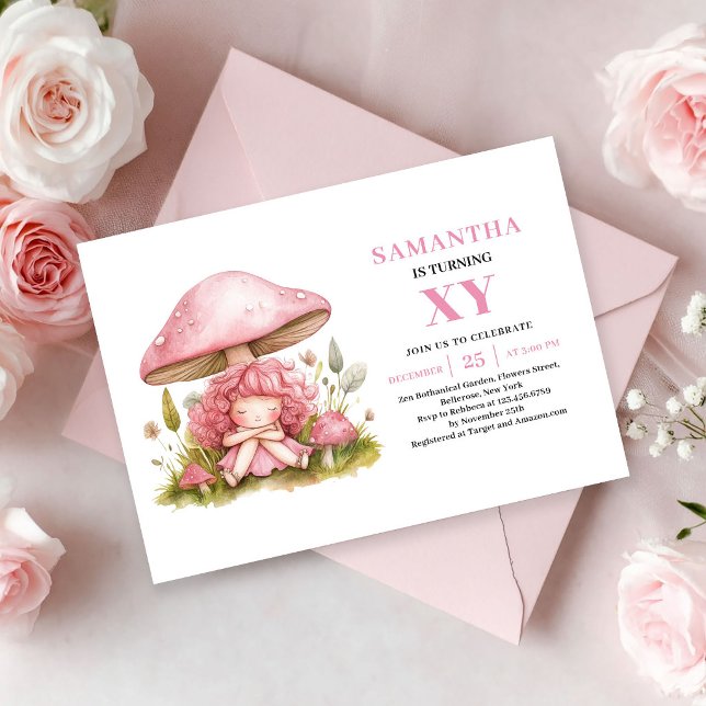 Invitación floral para el tercer cumpleaños de la  (Magical Pink Fairy Girl 3rd Birthday Floral invitation)