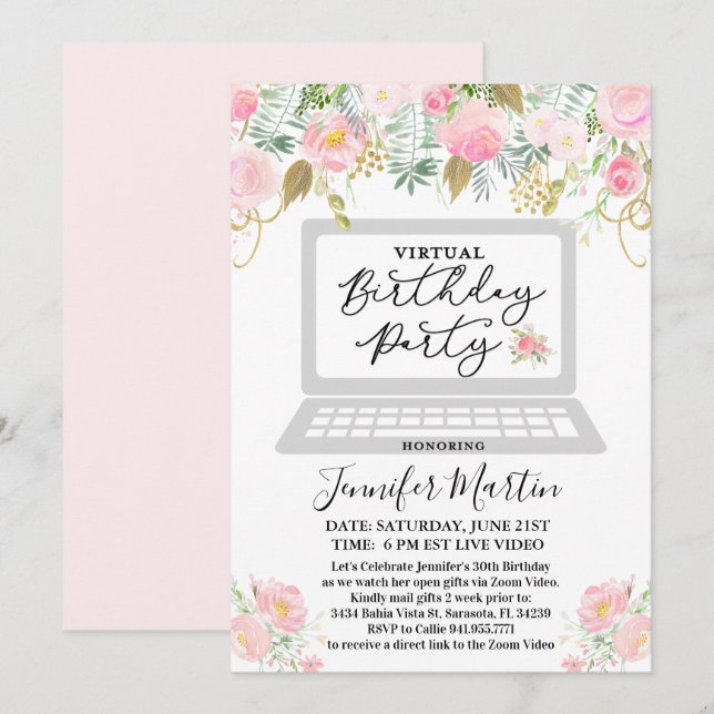 Invitación floral para fiesta de cumpleaños virtua (Anverso / Reverso)