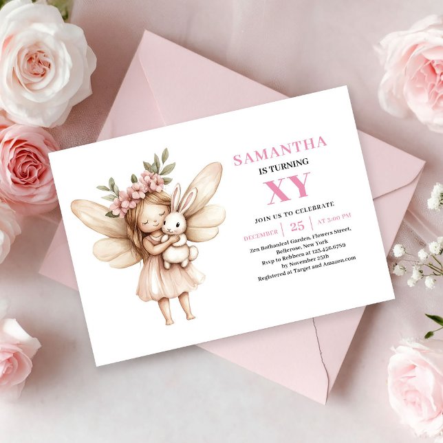 Invitación floral para niña hada rosa caprichosa c (Whimsy Pink Fairy Girl 9th Birthday Floral invitation)