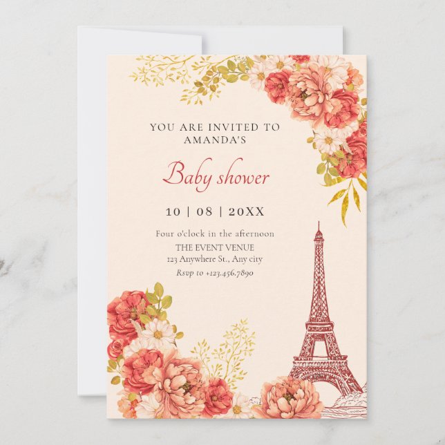 Invitación Floral París Eiffel torre de la ducha de bebé (Anverso)