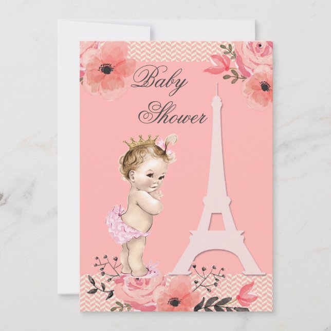 Invitación Floral Paris Eiffel Tower Princess Baby Shower (Anverso)
