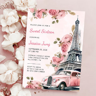 Invitación Floral Paris Eiffel Tower Sweet 16 Birthday Party