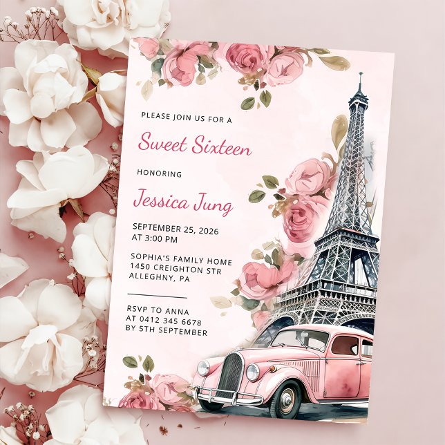 Invitación Floral Paris Eiffel Tower Sweet 16 Birthday Party (Subido por el creador)