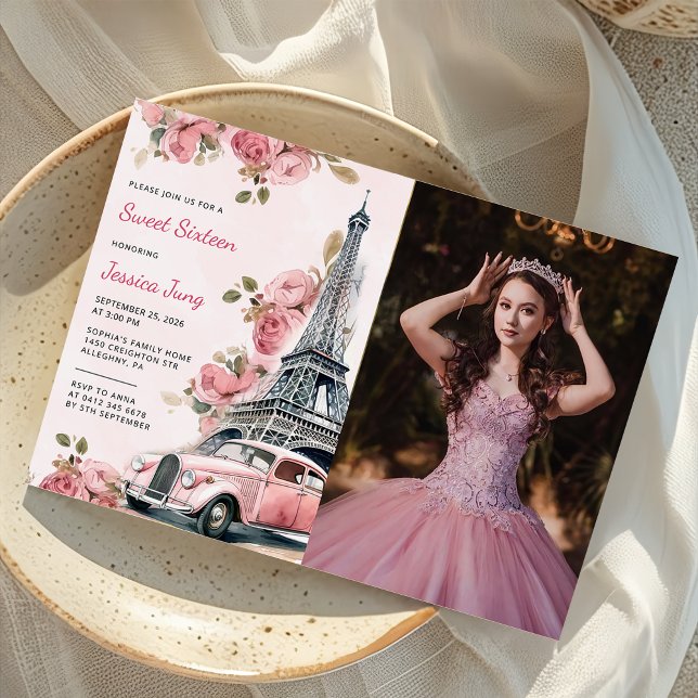 Invitación Floral Paris Eiffel Tower Sweet 16 Birthday Photo (Subido por el creador)