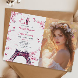 Invitación Floral Paris Eiffel Tower Sweet 16 Birthday Photo