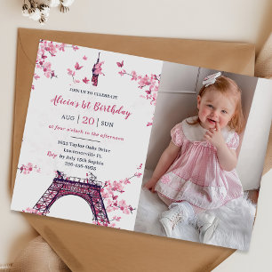 Invitación Floral Paris Torre Eiffel Primer Cumpleaños Fiesta