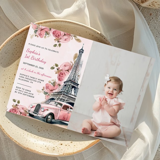 Invitación Floral Paris Torre Eiffel Primer Cumpleaños Foto (Subido por el creador)