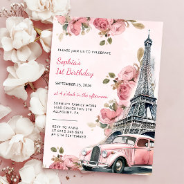 Invitación Floral Paris Torre Eiffel Primer Fiesta de Cumplea