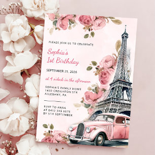 Invitación Floral Paris Torre Eiffel Primer Fiesta de Cumplea