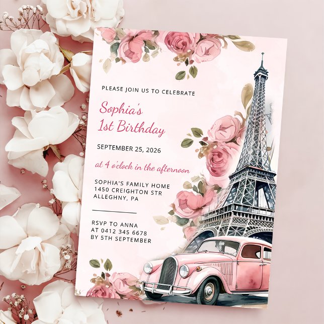 Invitación Floral Paris Torre Eiffel Primer Fiesta de Cumplea (Subido por el creador)