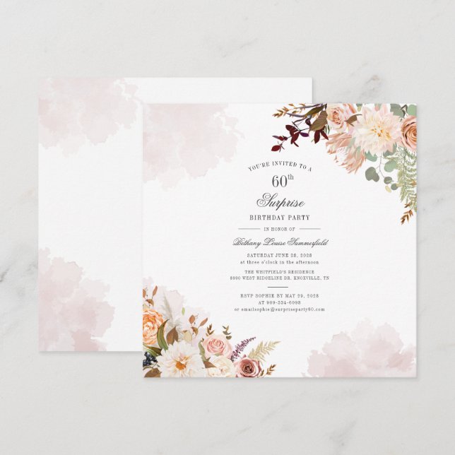 Invitación Floral Pastel 60º Fiesta de Sorpresa con guión de  (Anverso / Reverso)