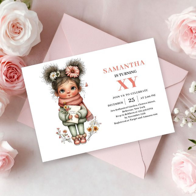 Invitación floral pastel rosa de cumpleaños de niñ (Cute Fairy Girl Birthday Floral Pink Pastel invitation)