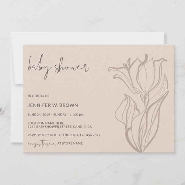 Invitación Floral pastoral rosa suave de Rubor moderno (Anverso)