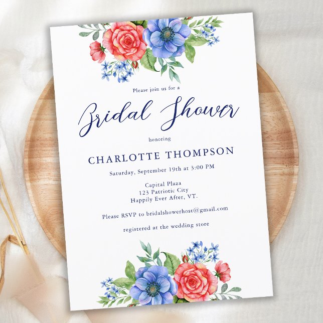 Invitación Floral patriótica rojo blanco azul ducha de novia (Subido por el creador)