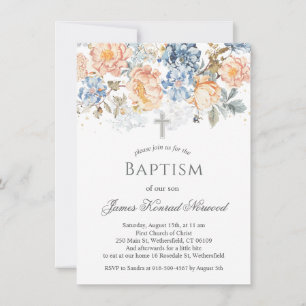 Invitación Floral Peach Blush Blue Baptism