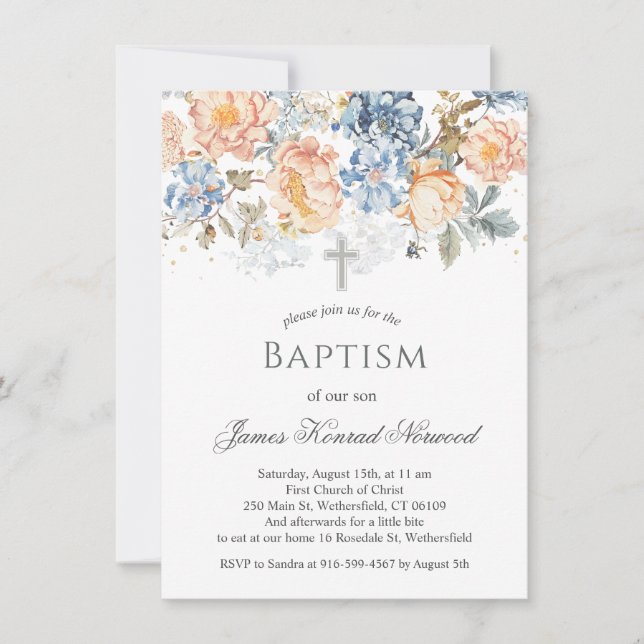 Invitación Floral Peach Blush Blue Baptism (Anverso)
