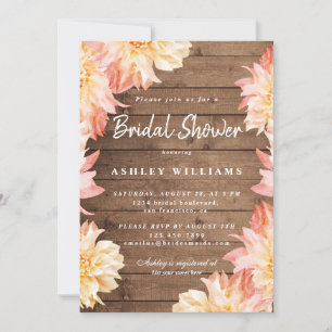 Invitación Floral Peach Dahlia Rustic Wood Bridal Shower